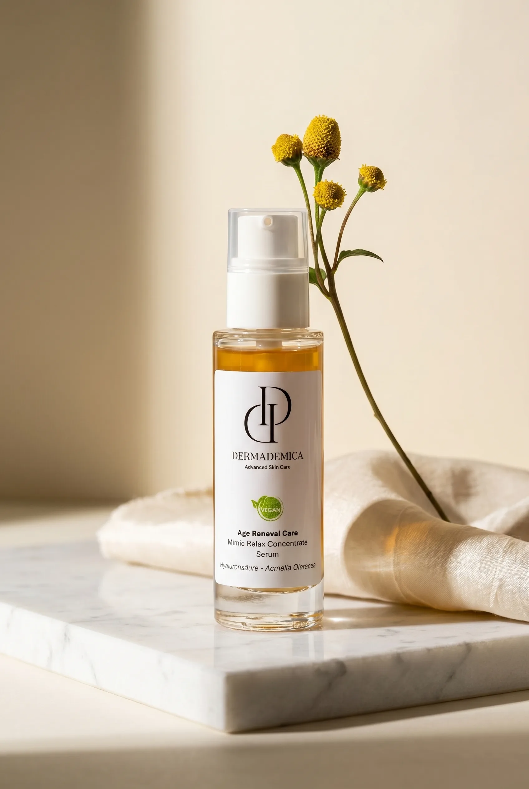 Pumpflasche Serum mit gelber Blüte und Stoff im Hintergrund