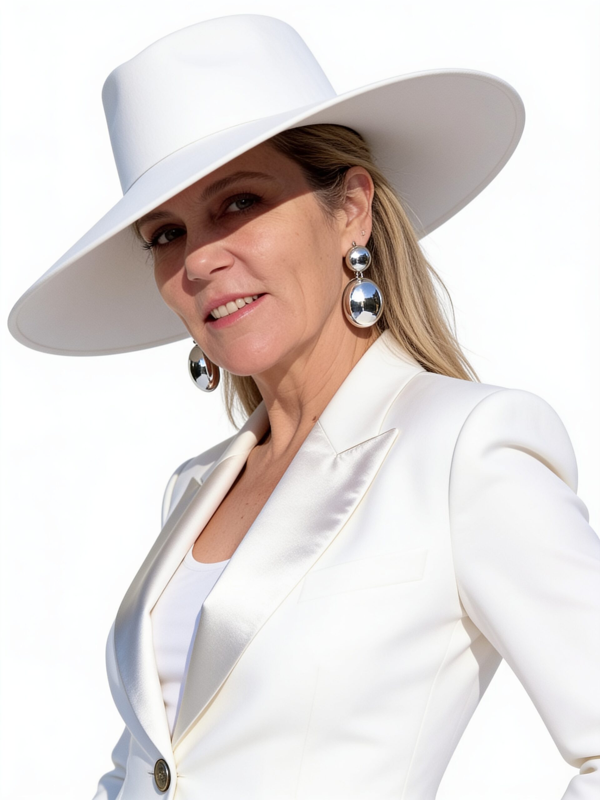 Frau mit weißem Hut und elegantem Anzug.