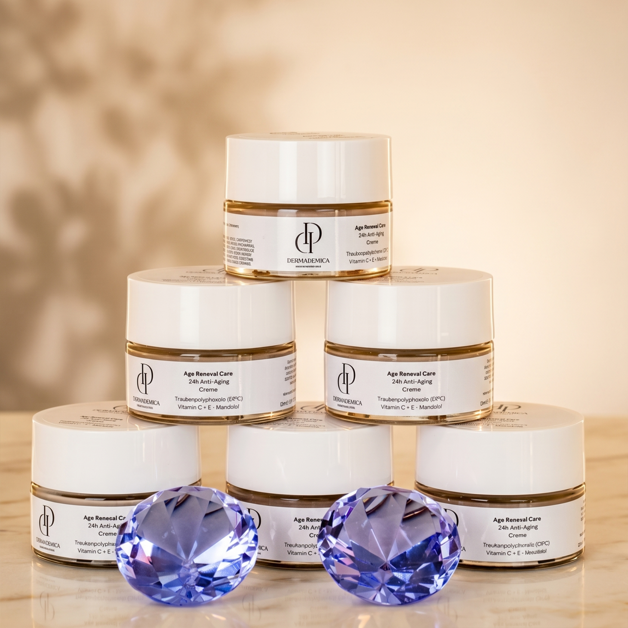 Sechs Tiegel mit Anti-Aging-Creme und Kristallen.